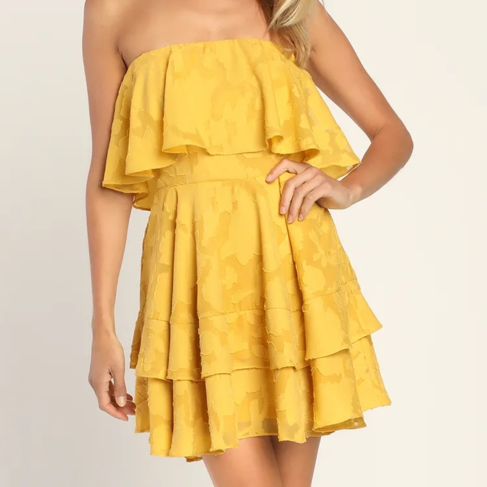 Lulu's Mustard Yellow Floral Strapless Dress